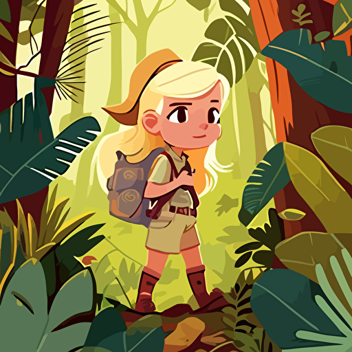 ILLUSTRATION OF little blonde girl in an explorer outfit FOR A CHILDRENS BOOK, IN THE STYLE OF genndy tartakovsky. , RAIN FORREST, tree lizards, JUNGLE, hiking, ADVENTURE SCENE, EXPLORer, vines, 1st person CAMERA VIEW. gOLDEN HOUR. tense VECTOR ILLUSTRATION