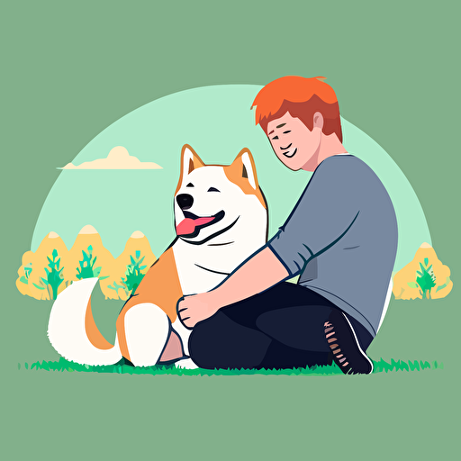 man sitting on grass and hugging a cute happy cream color akita-inu dog, beautiful background, cartoon, vector style, cute, colorful,