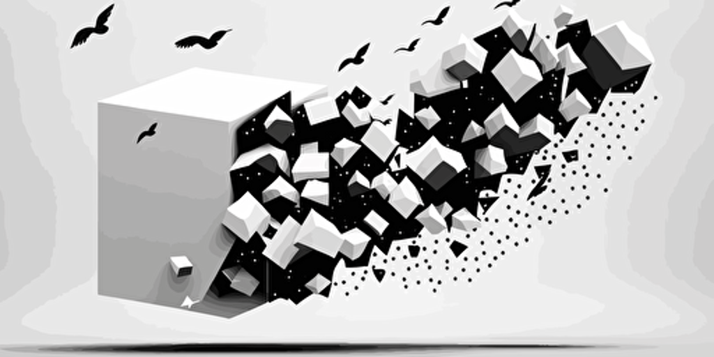 minimalist, vectorized, white and black colors, print layer , delicacy, 6 small white and black cubes with tiny wings flying toward one white cloud in the sky in the distance, boxes are in the same size