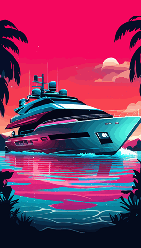 luxury motor yacht on see, off center placement, waves, islands, pink and light blue hues, flat abstract minimalistic vector style, vibrant neon colors, pink, light blue