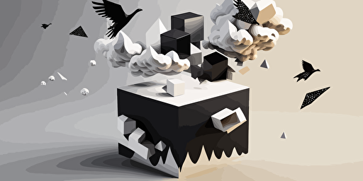minimalist, vectorized, white and black colors, print layer , delicacy, 6 small white and black cubes with tiny wings flying toward one white cloud in the sky in the distance, boxes are in the same size