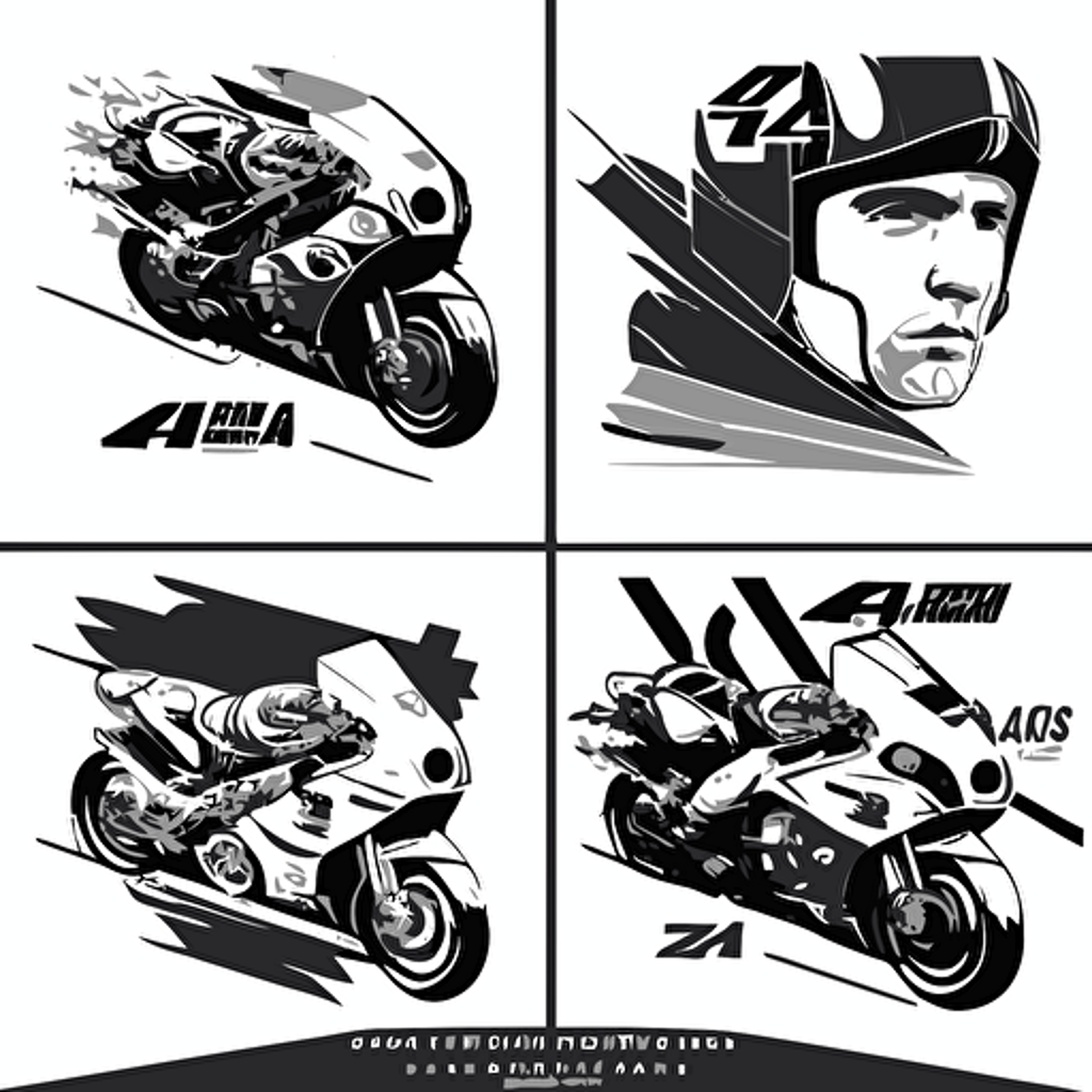 sets of 4 Motor sports vectors, flat, black and white vectors, white background