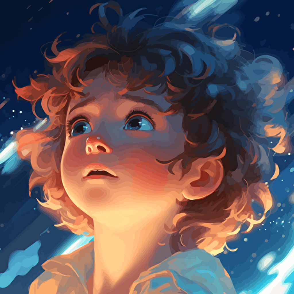 little girl with light brown short wavy curly hair and blue eyes floating in space, gazing in wonder at a quasar, Clear, detailed face. Clean Cel shaded vector art by lois van baarle, artgerm, Helen huang, by makoto shinkai and ilya kuvshinov, rossdraws, illustration