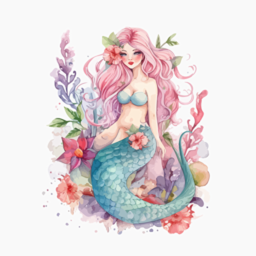 mermaid, detailed, cartoon style, 2d watercolor clipart vector, creative and imaginative, floral, hd, white background