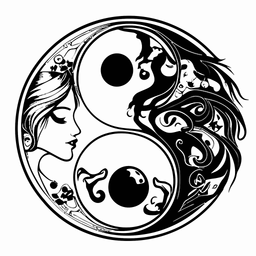 horoscope sign for cancer blended with ying yang sun moon illustration drawing, vector, neo traditional style, thick black outline, white background