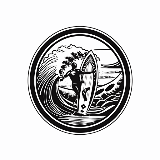 detailed surfing logo, black and white design, vector isolated on white