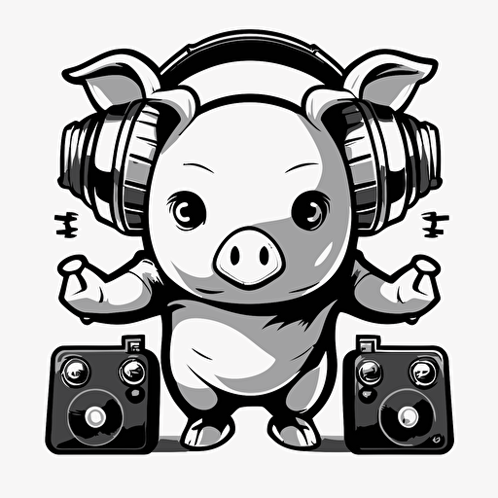 mascot logo of a dj pig, esports style, black and white, 2D vector logo, flat, white background,