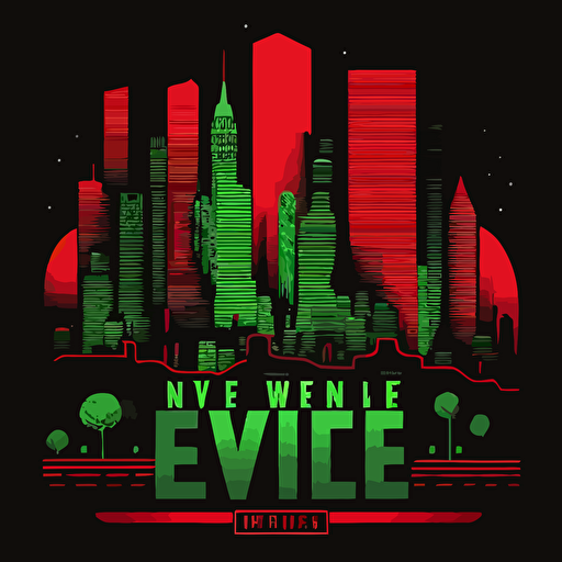 new york city skyline in a tribe called quest cover style, red and green on black background, vector illustrated, flat design