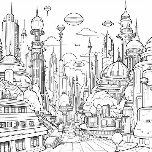 Futuristic City. Cartoon. Coloring page. Vector. Simple.