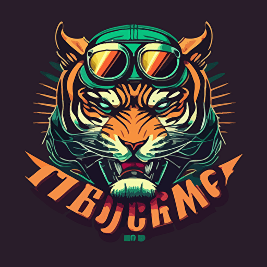 a minimal vector logo motorcycle club emblem, tiger with motorcycle glasses, two piston head, handlebars,colorful