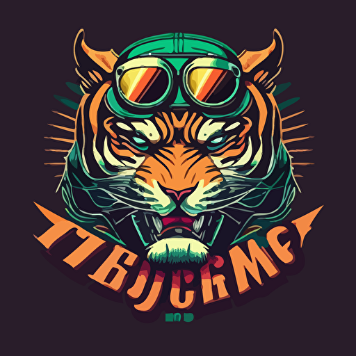 a minimal vector logo motorcycle club emblem, tiger with motorcycle glasses, two piston head, handlebars,colorful