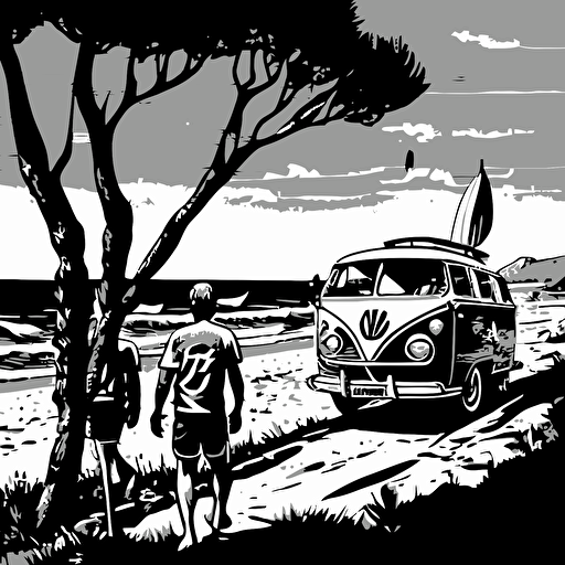 surfers standing by vw van on the beach in santa cruz california, vector, linocut, black and white, detailed