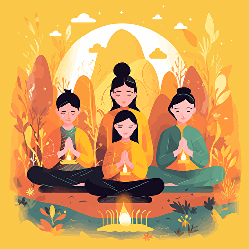 meditation illustration vector :: an illustration vector of two kids and their two parents meditating :: meditation :: kids are in the center of the illustration and the adults are on the sides :: adobe illustrator style, happy faces, colored with hex: 90caf9 and hex: ffb347, UHD