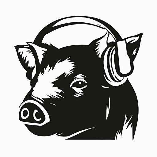 a logo of a pig for a dj, white background, black anb white, vector style, simple and plane image, focus in the face of the pig, using headphones in his ears, informal style