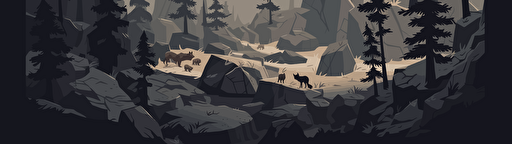 vector illustration, a wolfpack view from a drone, aerial view, forest, rocks