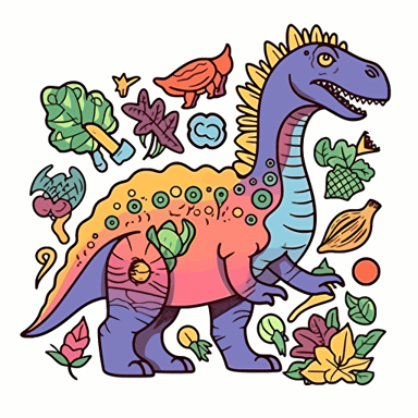 Dinosaur , Sticker, Enthusiastic, Primary Color, mural art style, Contour, Vector, White Background, Detailed