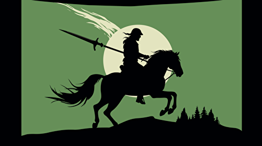 lord of the rings style flag with galloping horse with soldier on horseback, simple vector EPS, soldier is pioneer with musket and rifle