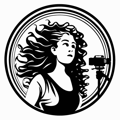 A solid 2 tone black and white stylised vectorized illustration of a silhouetted long curly haired women holding her camera in a circular symbol with with a full white background