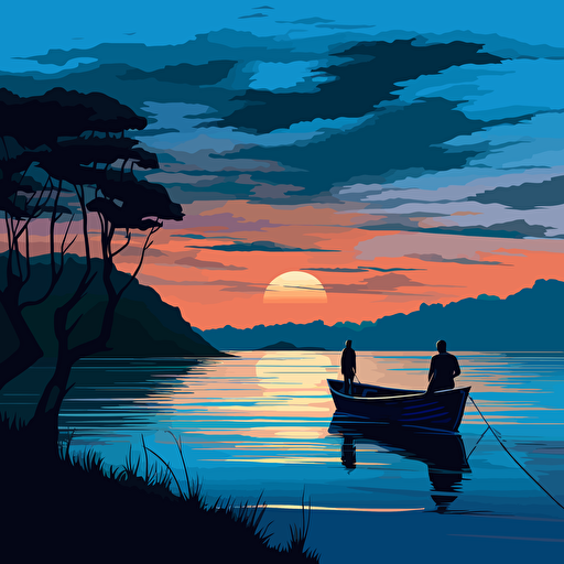 fishing man on a boat silhouette, beach background vector illustration, in the style of raphael lacoste, restrained impressionism, uhd image, r. kenton nelson, pensive stillness, high resolution, john mckinstry