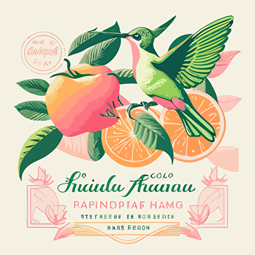 Pop Art Deco Hummingbird and tropical fruits, Logo for organic shop, Vector, Logo, green, pink, orange