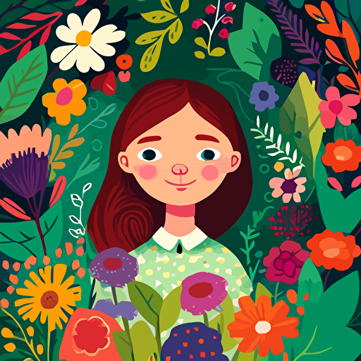 a happy young girl with big brown eyes and freckles who has a stunning colourful garden growing from her brain. vector style