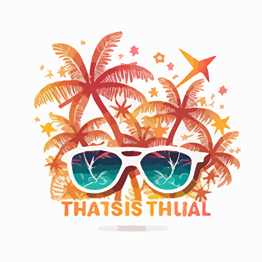 family vacation cruise logo sunglasses, tropical trees, starfish, coral, vector style, white background