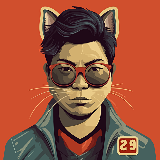 vector art style 28 year old asian cat man, in the style of Micheal Parks