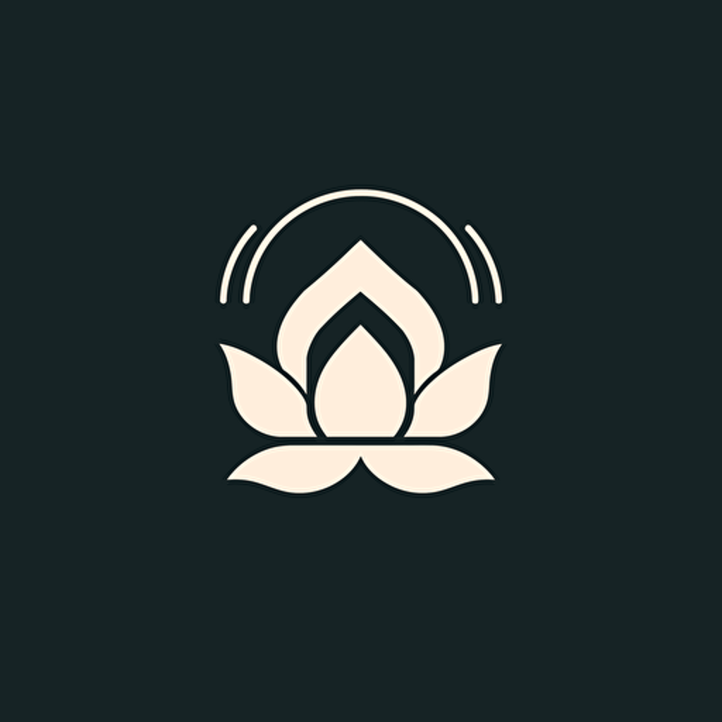 simple geometric iconic logo of a union of lotus flower and a house, white vector, on black backgroung