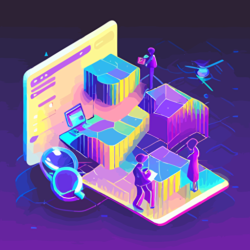 isometric vector illustration with a beautiful bright gradient blue purple gold color palette. Several human scientists are performing various image annotation tasks, consulting metrics and analytics, creating regions of interest on a computer. A few props are present such as magnifying glasses, mouse and keyboard, etc.