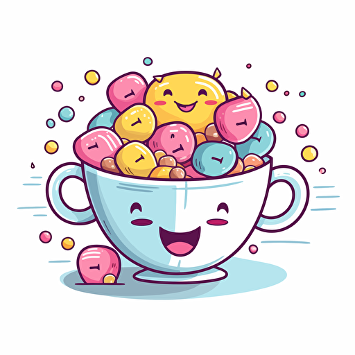 professional design vector, Happy cute colorful candy in a teacup, joy, vibrant colors, kawaii, contour, white background, smiling, happy, smile, joyful