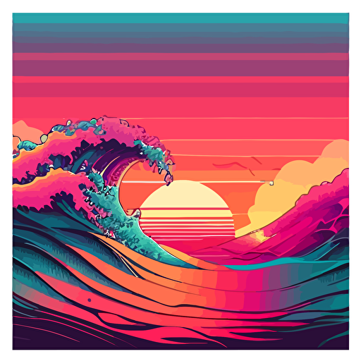 vaporwave surf waves, sunset on horizon, vibrant pinks, blues and oranges, vector, hd, high resolution , 300 dpi,