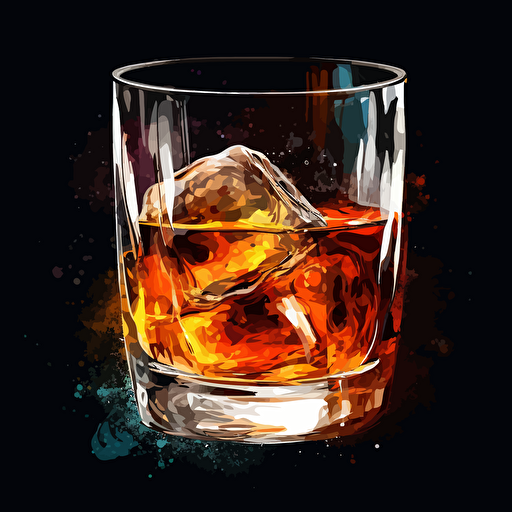 old fashioned cocktail,whiskey glass,Black background, abstract paiting,vector,high detail