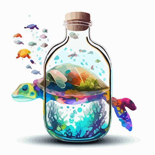 sticker, a turtle in a bottle, colorful, vector, white background s 1000