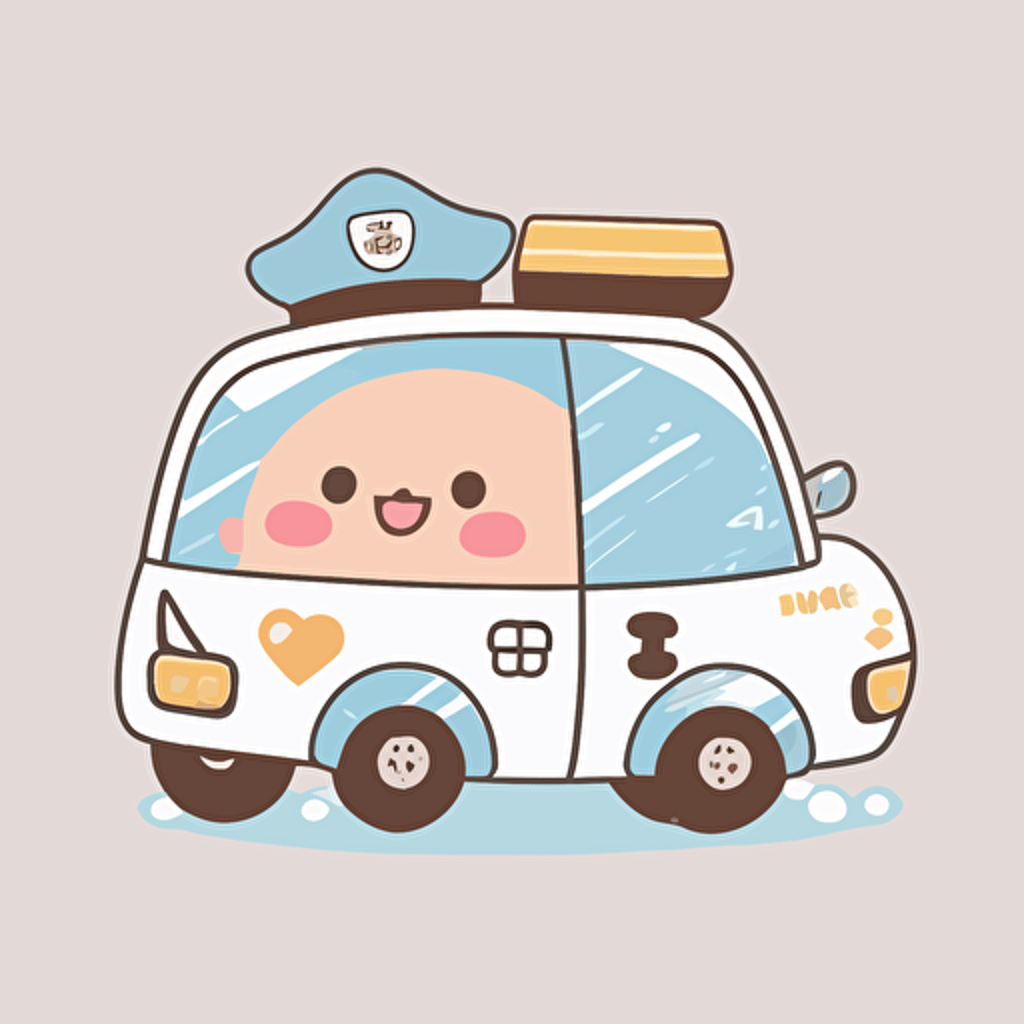 white background, happy, police officer, no fill, kawaii style, driving police car, no color, flat vector