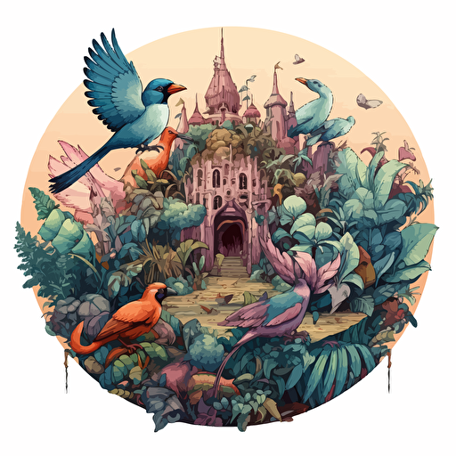 round up design with digital illustration of birds of paradise, magic world inspired by Studio Ghibli, vector illustration, intricate details, unreal engine, extremely high detailing, sharp, white background