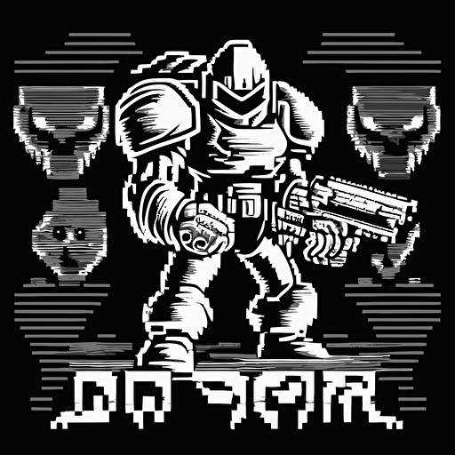 16bit DOOM shooter, white on black background, no shading, 2D, vector, 3:4