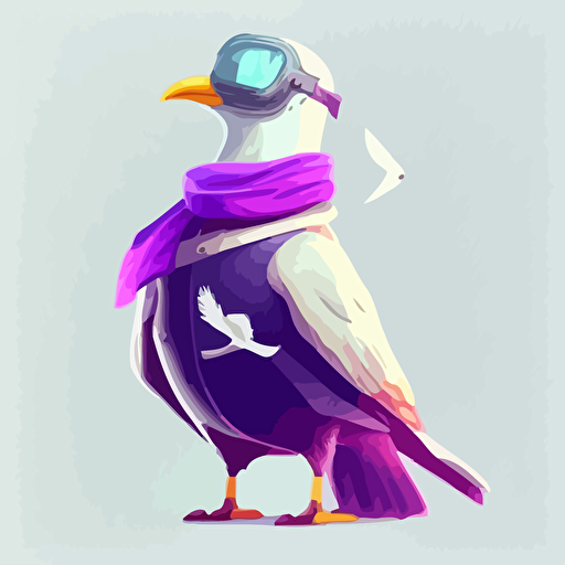 seagull dressed in a purple scarf with a transparent astronaut helmet flat vector 2d illustration