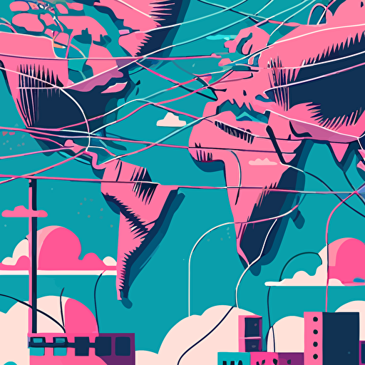 flat vector, world on wires, pink and blue