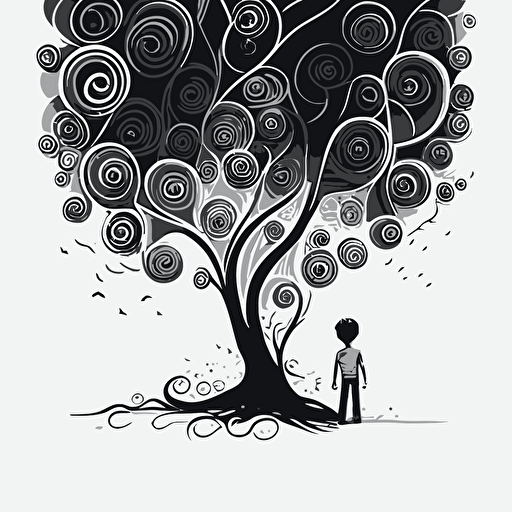 Tall and skinny tree, with branches that twisted and turned in every direction. Black and White vector illustration. Also a little boy looking up at the tree. Cheerful image with magical fruit around.