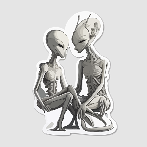 Classic alien grey aliens on an island, Sticker, Enthusiastic, Muted Color, Algorithmic art, Contour, Vector, White Background, Detailed