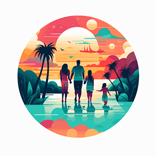 2d vector style art, family on a beach, vibrant colors, on a white background
