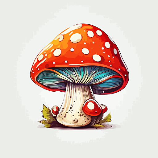 toadstool mushroom, handdrawn vector, bright color tones, isolated white background