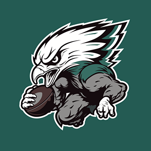 a modern concept for the old 80's philadelphia eagles logo, sports logo, green bald eagle with a football in it's talons, green silver black and white, vector art