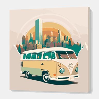 Minimalistic, Vector volkswagen bus T2 1978, bulli, kombi, combi, front angle, Pop art deco noveau, flat 2d vector design, pastels, landscape art, nature, city skyline with rivers and bridges and rolling hills, sunrise, volumetric, Natural color scheme, Digital art, Flat, Opaque colors, Octane render, Volumetric lighting, Clean linework, Muted color palette, Hard shadows, Kilian Eng