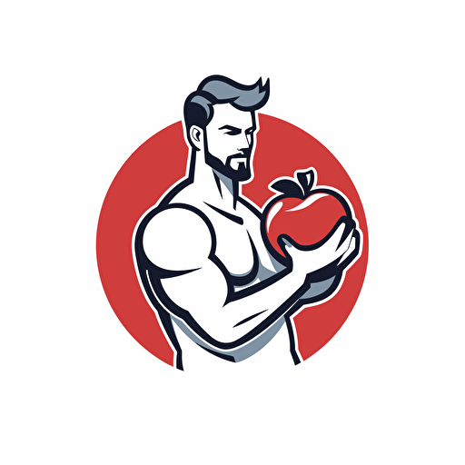 vector logo of a MAN HOLDING A DUMBBELL AND AN APPLE IN RED AND GRAY COLOR in modern style on a white background without text