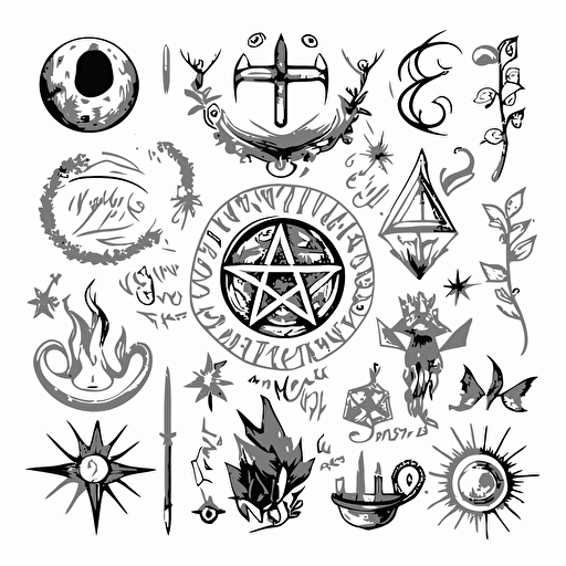 mystical magical symbols, hand drawn vector, white background