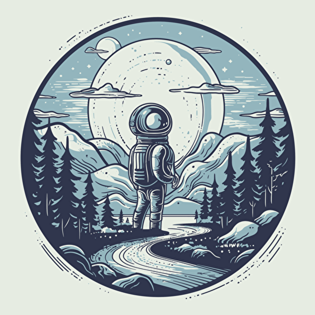 An astronaut explores an alien planet, A spacecraft hovers in the background, Cool blues and grays evoke mystery, Intricate details add depth and texture, Comic vector illustration style, flat design, minimalist logo, minimalist icon, flat icon, adobe illustrator, cute, simple