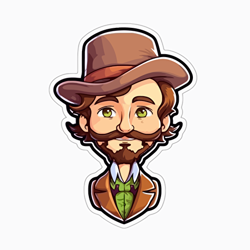 Sticker, Happy Colorful Sherlock Holmes, brown hair, short brown stubble beard, deerstalker, kawaii, contour, vector, white background