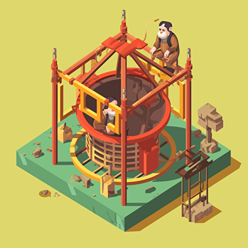 cartoon vector isometric images of broken monkey cage, under repair, no monkeys