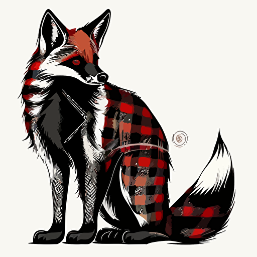 fox with red and black plaid pattern on fur, vector logo, vector art, emblem, simple cartoon, 2d, no text, white background